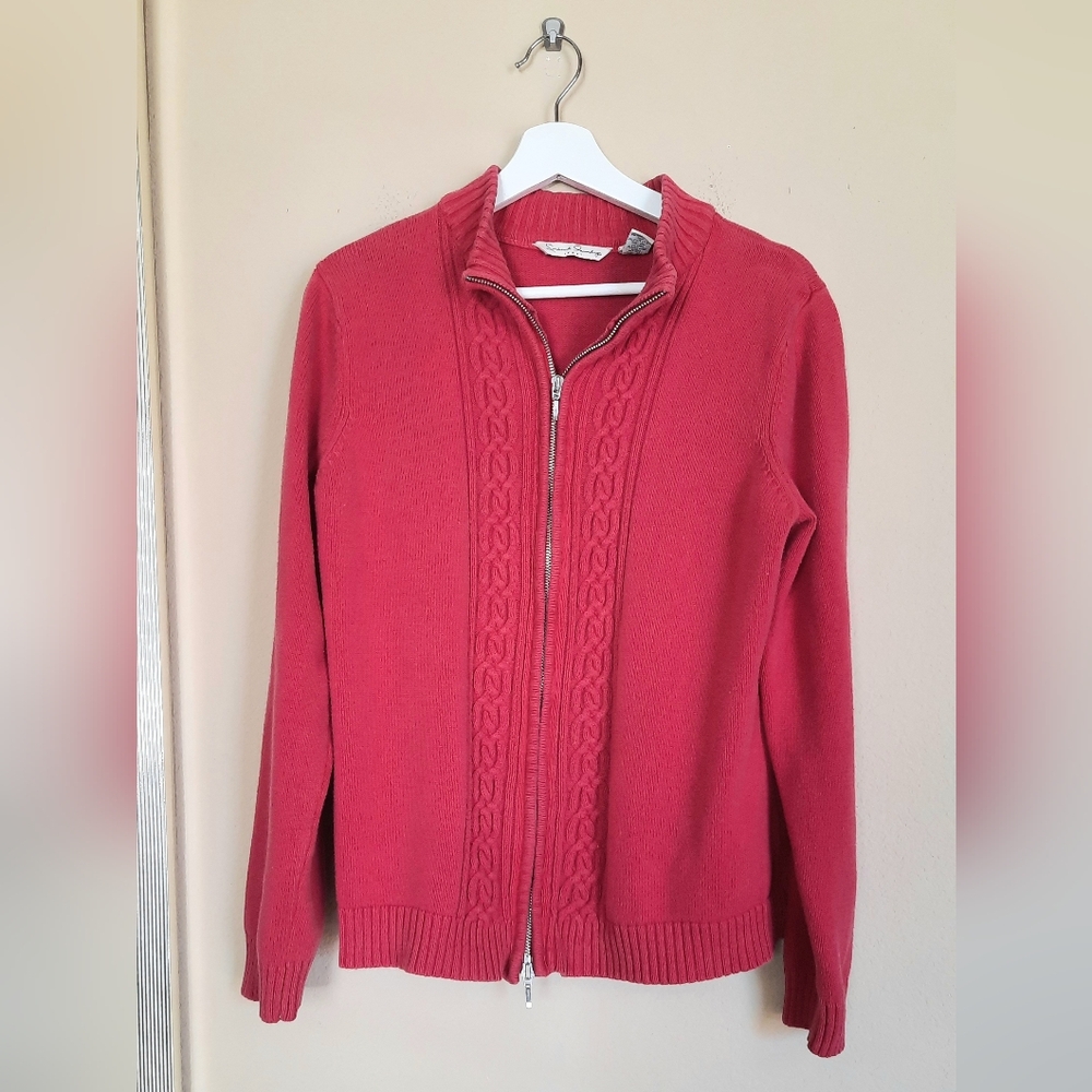 French Laundry Red Cotton Zip Up Sweater Knit Preppy Y2k Collegiate Academia